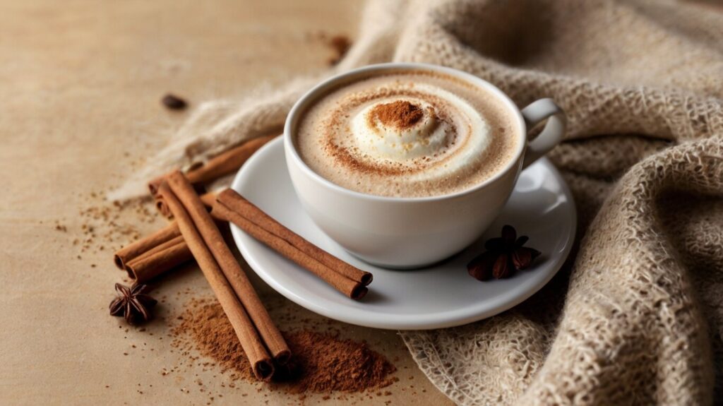 A close-up of a creamy diet cappuccino with a cinnamon stick garnish