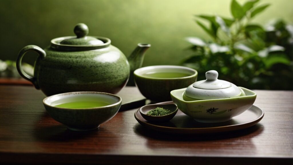 A close-up of a traditional tea whisk and a bowl of frothy matcha