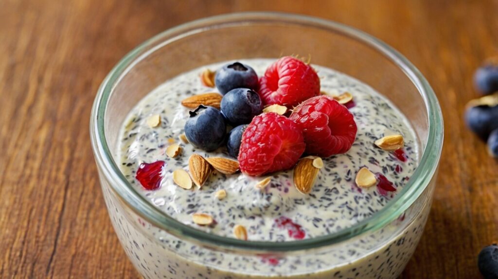 Final presentation of chia pudding with red fruits