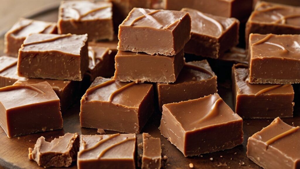 A close-up of a hand taking a piece of rich chocolate fudge