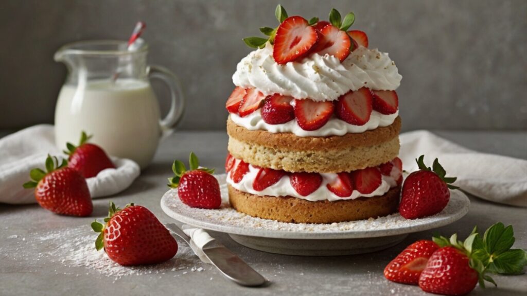 A close-up shot of the layered strawberry shortcake with creamy yogurt