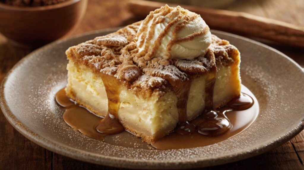 A slice of cinnamon pie served with a scoop of melting vanilla ice cream