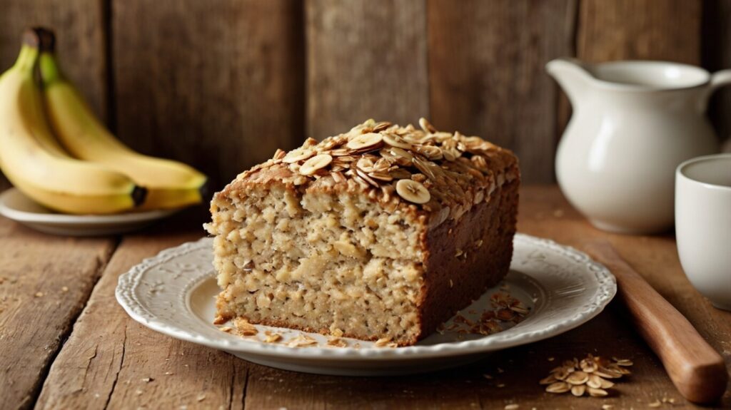 A close-up slice of banana oat cake served on a plate