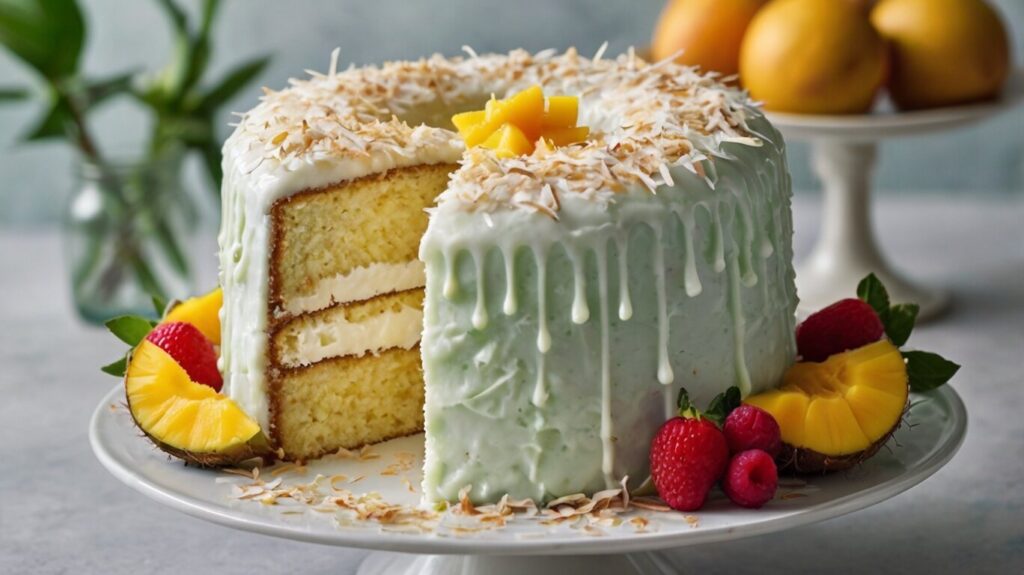 A beautiful whole coconut cake garnished with fresh fruit and mint leaves
