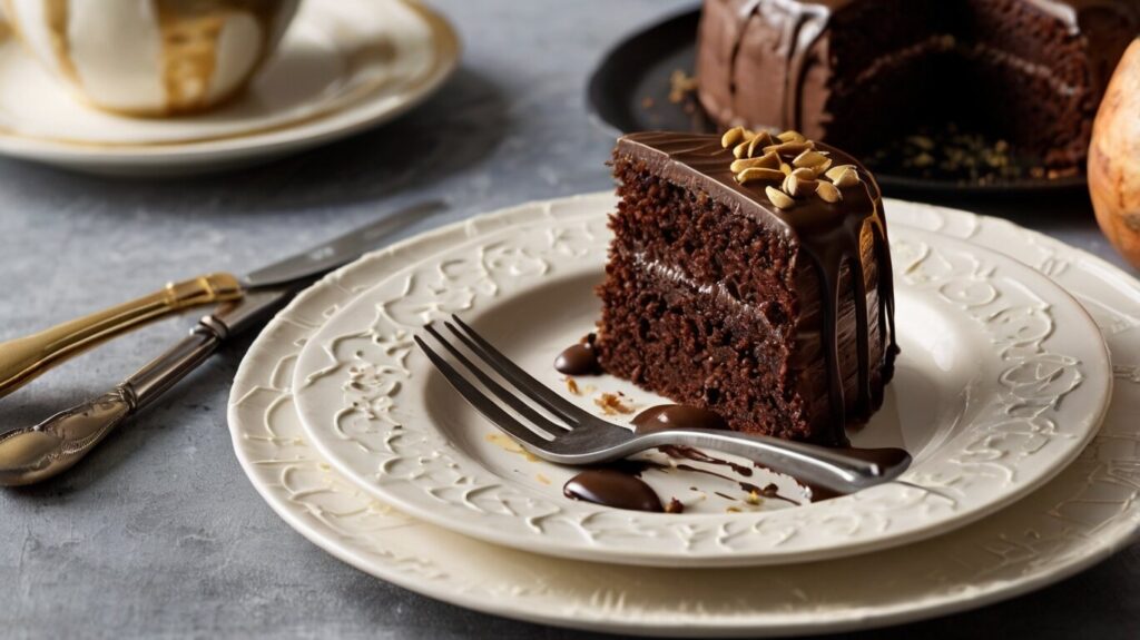 A close-up of the finished chocolate cake being drizzled with ganache