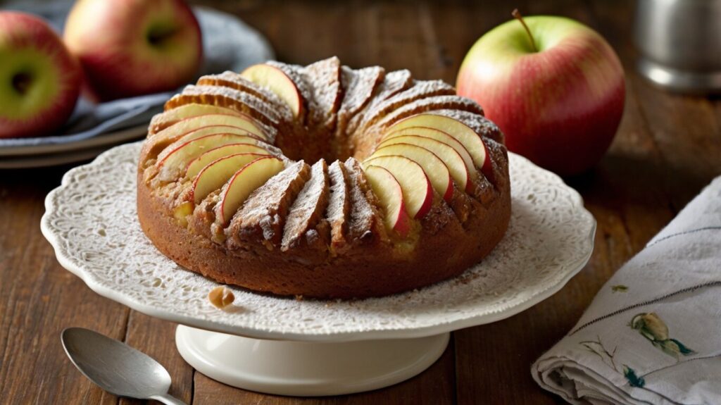 Final moist whole apple cake sliced and ready to serve