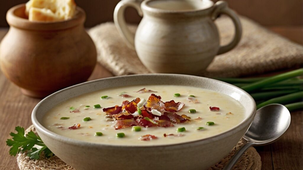 A close-up of a ladle lifting a creamy serving of potato soup