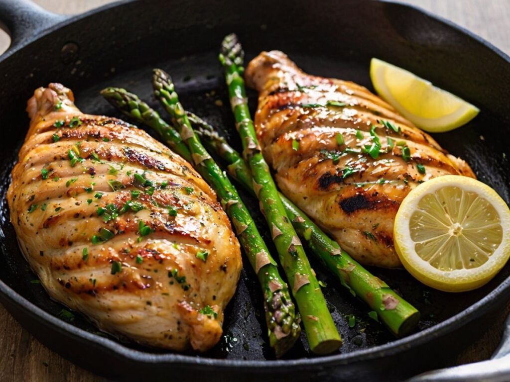 Plated grilled chicken with charred lemon and asparagus