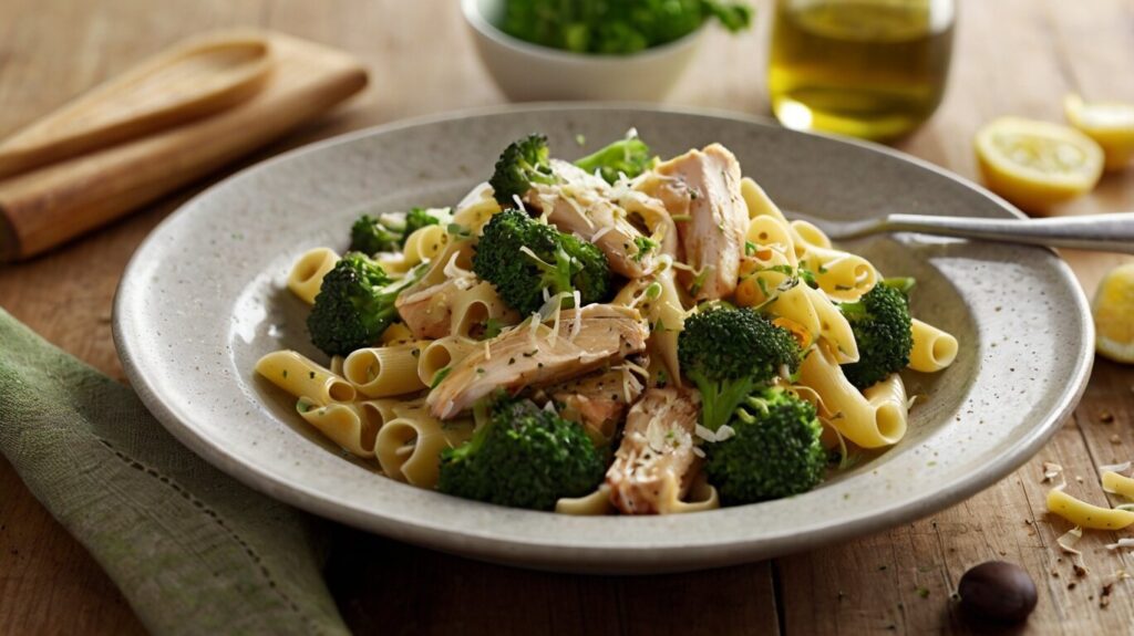 A close-up of the steam rising from a freshly tossed chicken and broccoli pasta