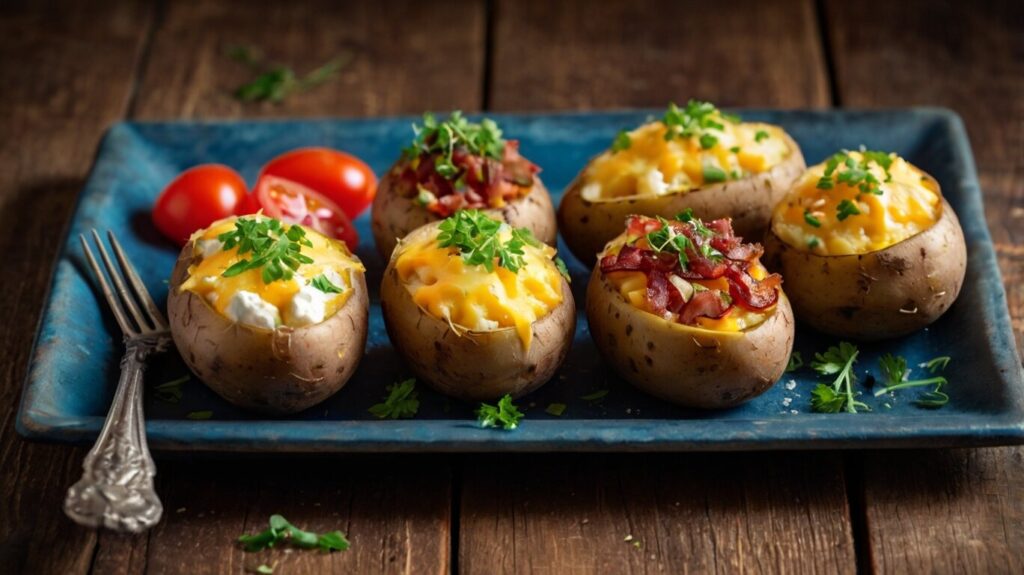 A tray of halved baked potatoes being scooped and prepared for stuffing