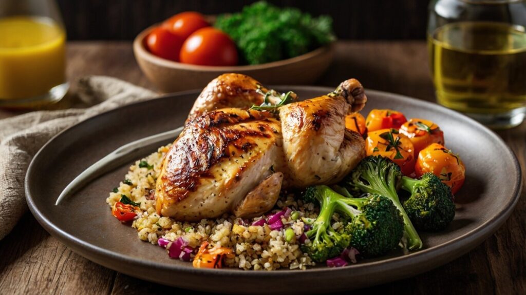 Close-up of the grilled chicken with quinoa and a drizzle of lemon herb dressing