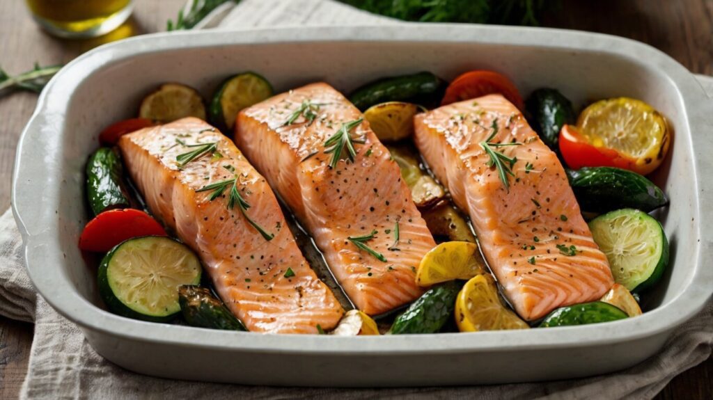 A close-up of the perfectly cooked salmon with roasted vegetables