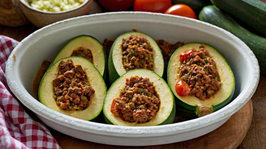A close-up shot of the oven-baked stuffed zucchini boats