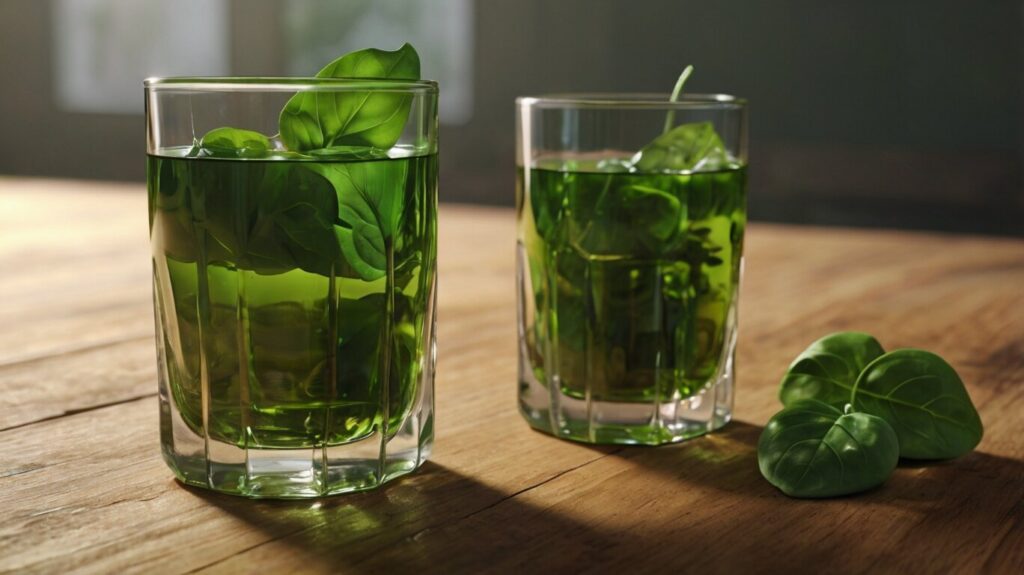 Fresh green spinach leaves and sliced red apples on a wooden board