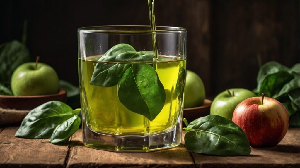 A close-up of the green juice being poured into a tall glass with ice