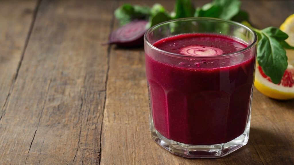 A close-up of the smooth beetroot and lemon detox juice being poured into a glass