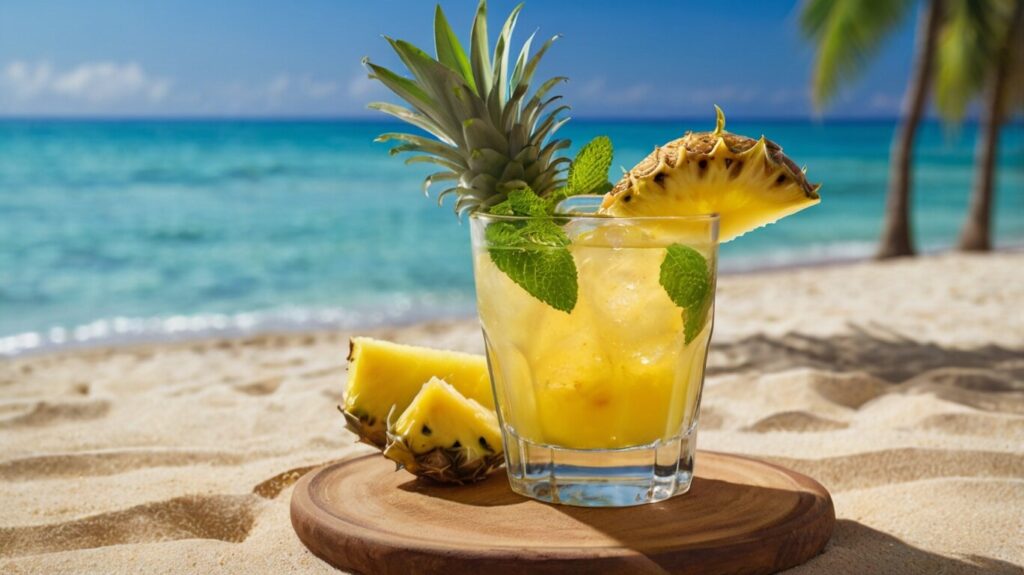 Final glass of pineapple mint juice served in a tropical setting