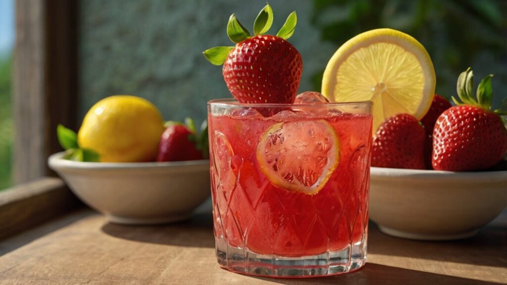 A blender filled with a vibrant pink strawberry and lemon mixture