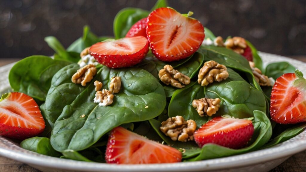 Final plated spinach salad with strawberries and walnuts