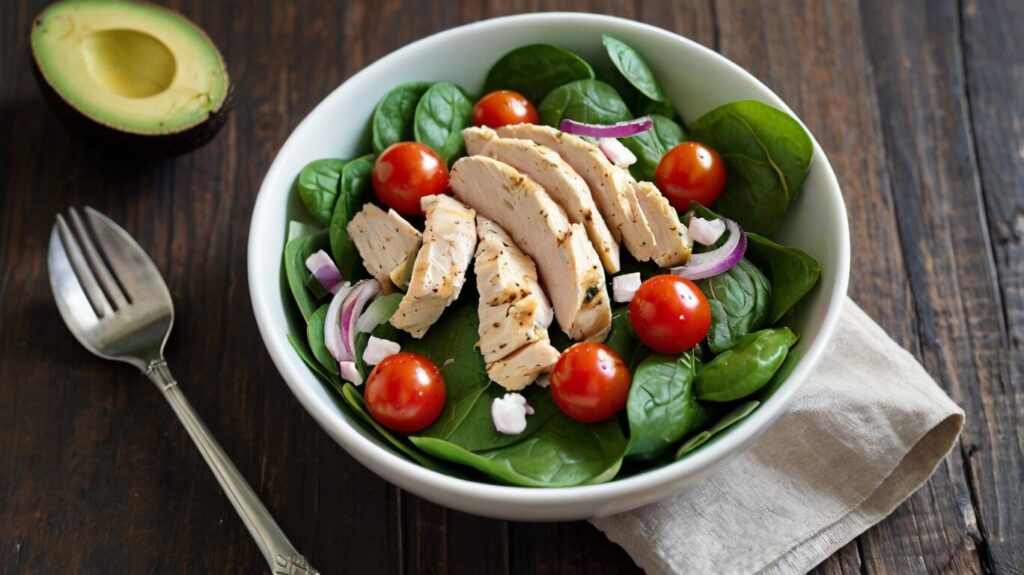 Ingredients for chicken avocado spinach salad