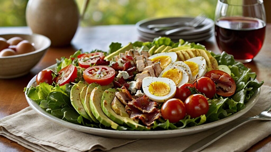 A close-up of the blue cheese and avocado rows in a fresh Cobb salad