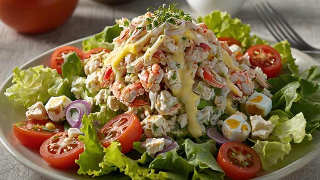 A close-up of a perfectly dressed Crab Louie salad in an elegant glass bowl