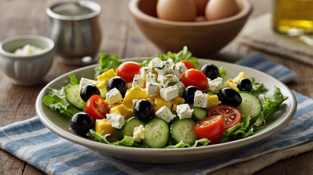 Close-up of hard-boiled eggs being chopped for a fresh salad
