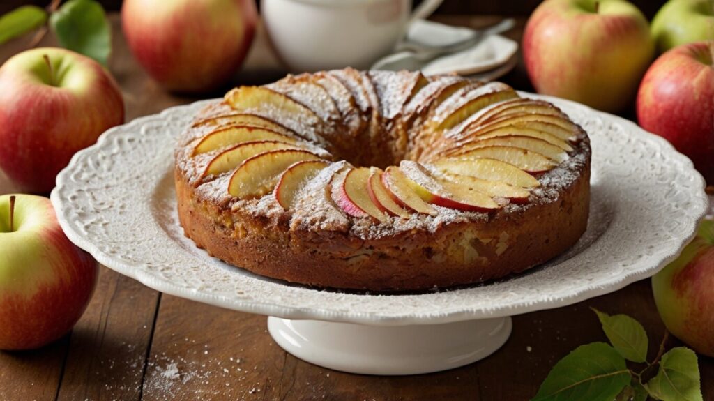 Deliciously moist whole apple cake slice showcasing tender crumb and fresh apple pieces. Perfect for dessert lovers.