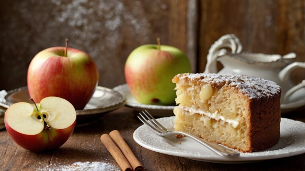 Deliciously moist whole apple cake slice showcasing tender crumb and fresh apple pieces. Perfect for dessert lovers.