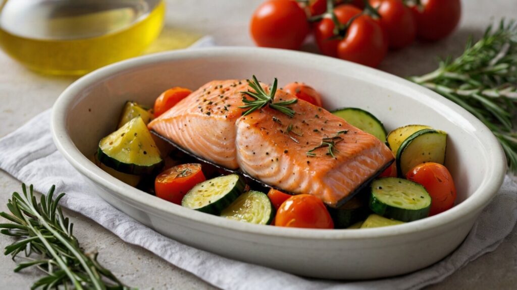 Baked salmon fillets with fresh vegetables, drizzled with lemon and herbs. A healthy, omega-3 rich meal perfect for a quick, nutritious dinner.