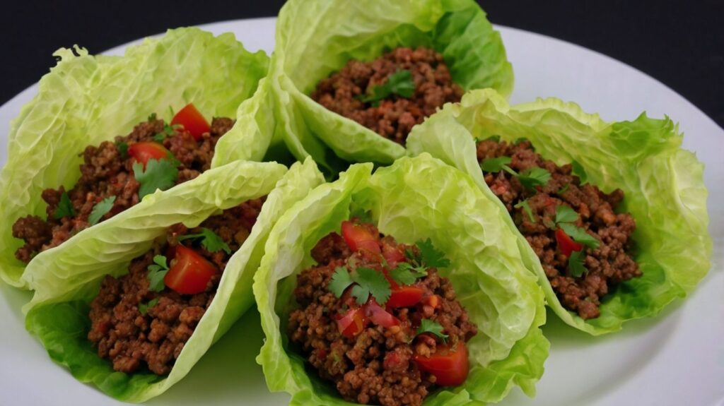 A vibrant plate of lettuce tacos filled with savory ground beef, topped with fresh tomatoes, red onions, and cilantro. These healthy tacos offer a delicious low-calorie twist on a Mexican classic. Perfect for a light and nutritious meal.