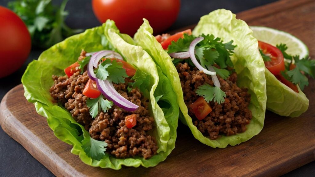 A vibrant plate of lettuce tacos filled with savory ground beef, topped with fresh tomatoes, red onions, and cilantro. These healthy tacos offer a delicious low-calorie twist on a Mexican classic. Perfect for a light and nutritious meal.