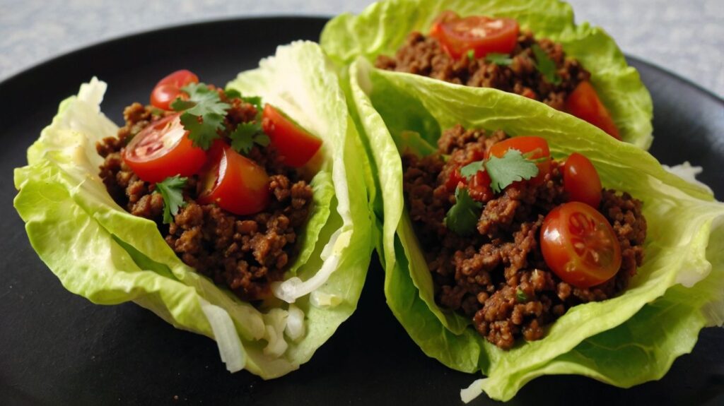 A vibrant plate of lettuce tacos filled with savory ground beef, topped with fresh tomatoes, red onions, and cilantro. These healthy tacos offer a delicious low-calorie twist on a Mexican classic. Perfect for a light and nutritious meal.