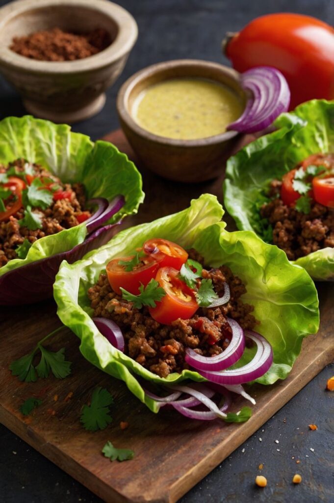 A vibrant plate of lettuce tacos filled with savory ground beef, topped with fresh tomatoes, red onions, and cilantro. These healthy tacos offer a delicious low-calorie twist on a Mexican classic. Perfect for a light and nutritious meal.