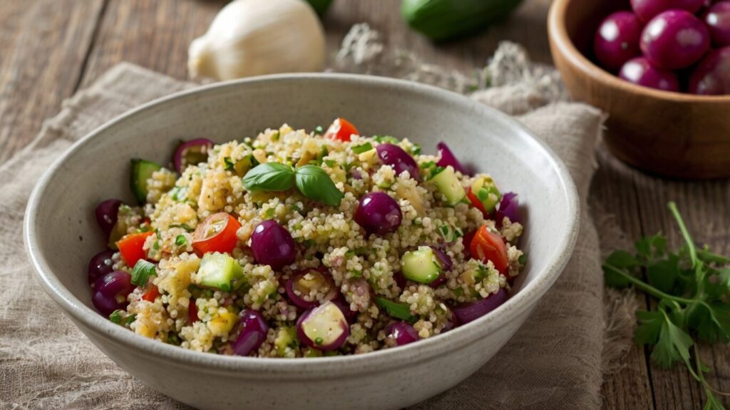 Quinoa Salad with fresh vegetables, drizzled with olive oil and lemon juice. A nutritious, gluten-free, and plant-based meal perfect for a healthy lunch.