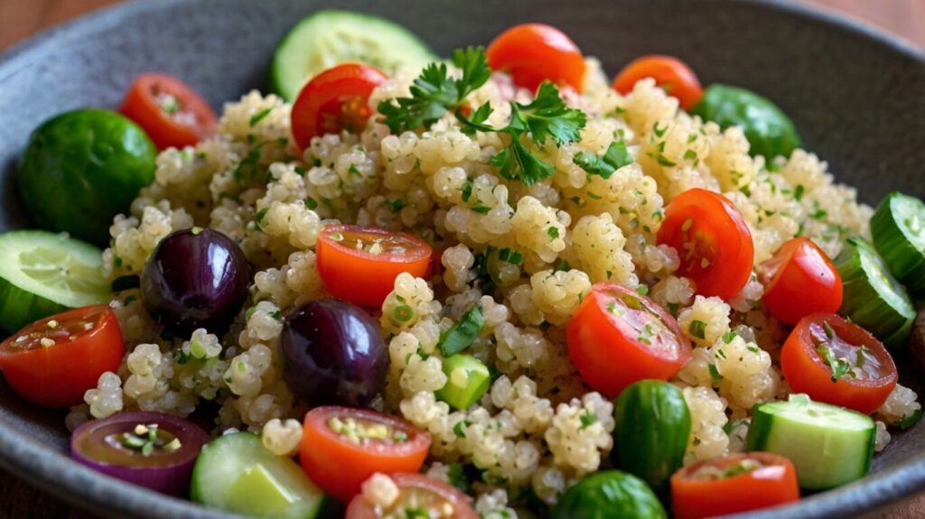 Quinoa Salad with fresh vegetables, drizzled with olive oil and lemon juice. A nutritious, gluten-free, and plant-based meal perfect for a healthy lunch.