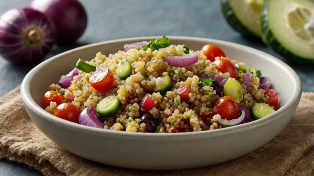 Quinoa Salad with fresh vegetables, drizzled with olive oil and lemon juice. A nutritious, gluten-free, and plant-based meal perfect for a healthy lunch.