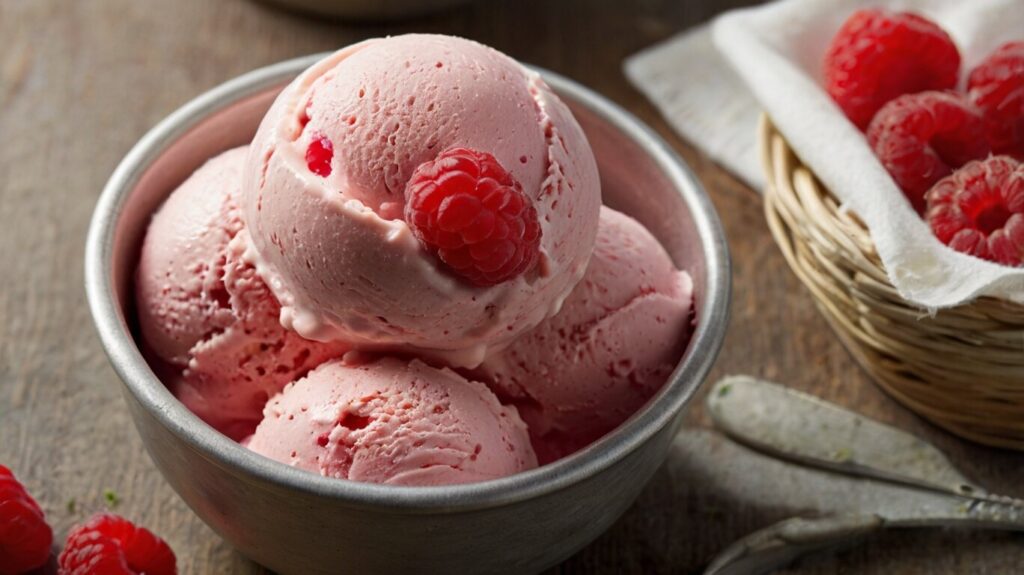 Indulge in the creamy bliss of raspberry ice cream, a refreshing dessert made with fresh raspberries. Perfect for summer treats and homemade delights.