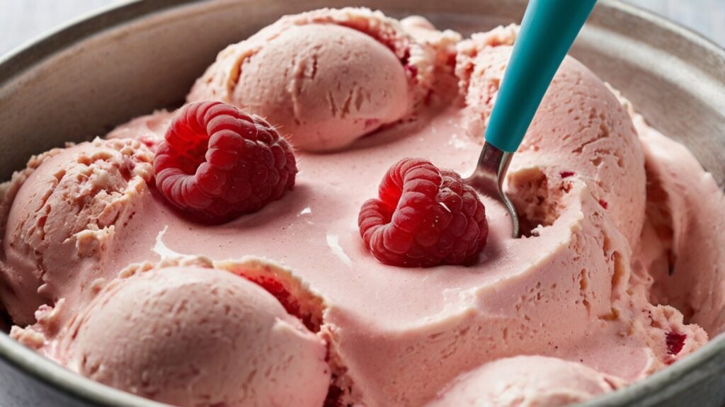 Indulge in the creamy bliss of raspberry ice cream, a refreshing dessert made with fresh raspberries. Perfect for summer treats and homemade delights.