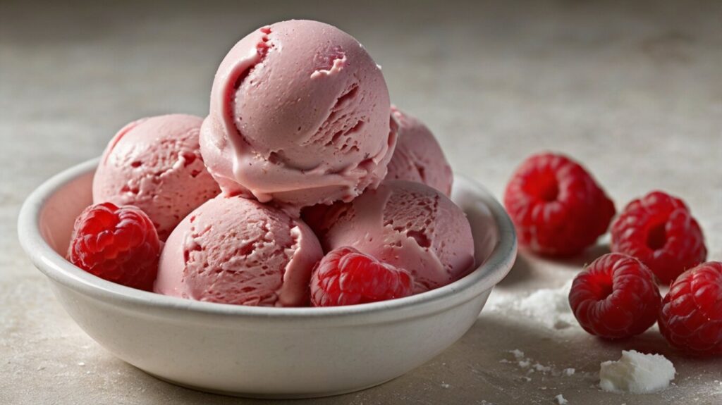 Indulge in the creamy bliss of raspberry ice cream, a refreshing dessert made with fresh raspberries. Perfect for summer treats and homemade delights.