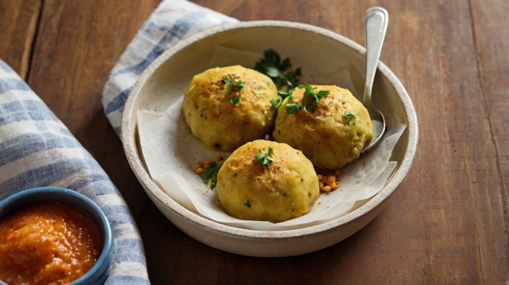 Delicious roasted chickpea dumplings, a healthy and protein-rich snack, perfect for any time of the day. Enjoy these baked chickpea balls with a Greek yogurt dip for a nutritious treat.