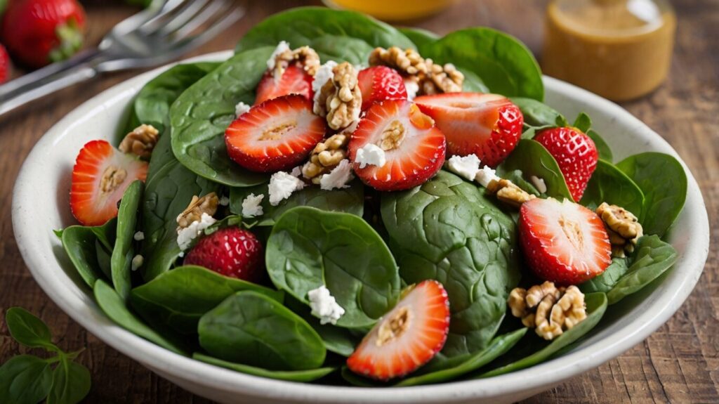 Fresh spinach strawberry walnut salad, a low-calorie and gluten-free option for summer. Packed with vitamins and nutrients.