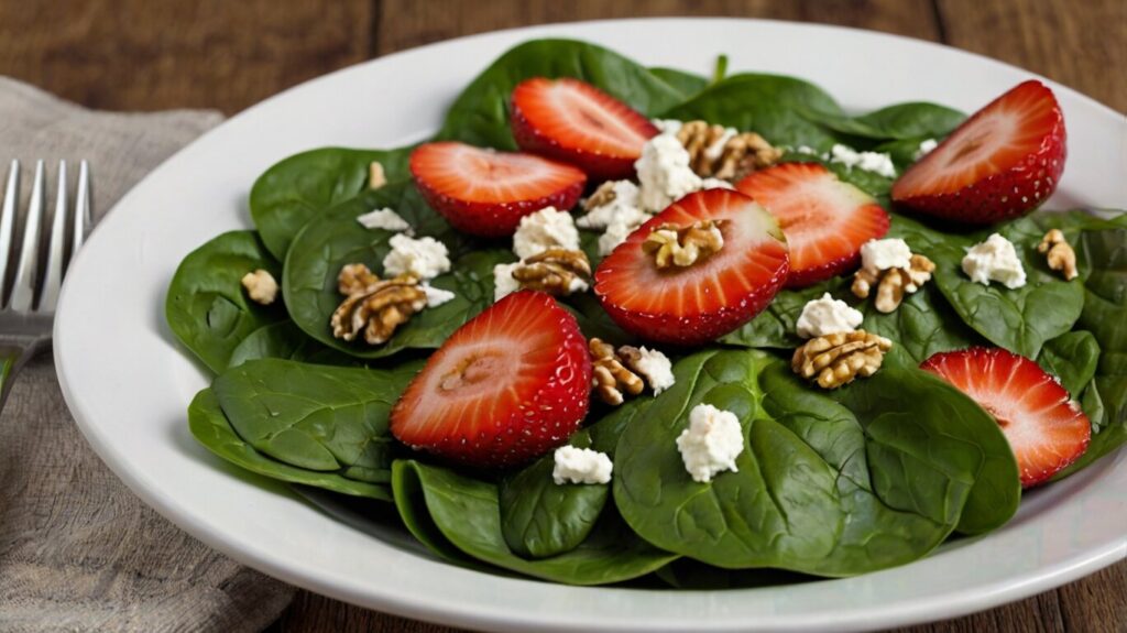 Fresh spinach strawberry walnut salad, a low-calorie and gluten-free option for summer. Packed with vitamins and nutrients.