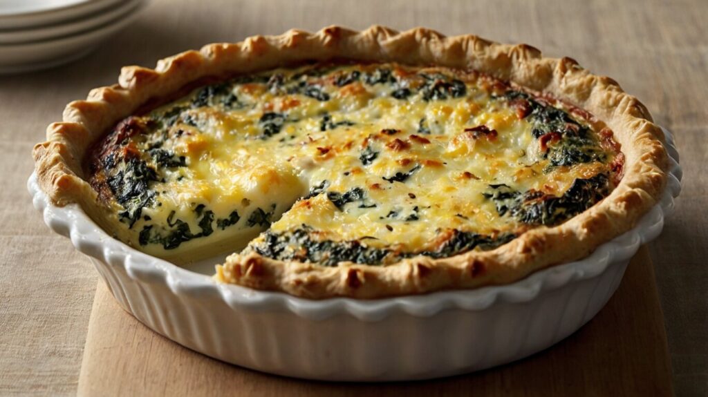 "Indulge in a savory Spinach and Cottage Cheese Quiche, featuring a flaky pre-made crust, fresh spinach, creamy cottage cheese, and a blend of flavorful seasonings. Perfect for a delicious breakfast or brunch!"