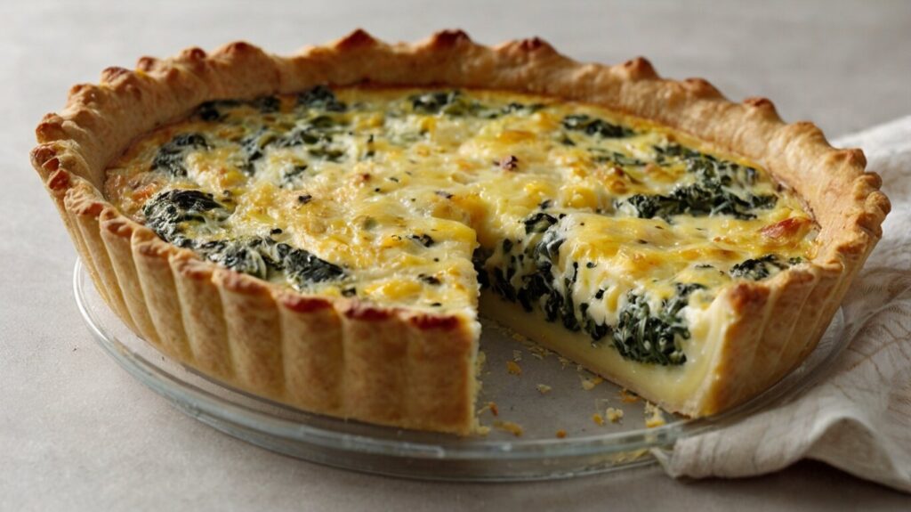 "Indulge in a savory Spinach and Cottage Cheese Quiche, featuring a flaky pre-made crust, fresh spinach, creamy cottage cheese, and a blend of flavorful seasonings. Perfect for a delicious breakfast or brunch!"