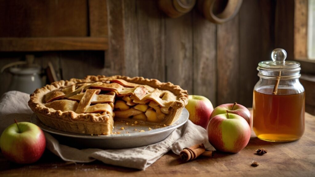 A beautifully baked healthy apple pie with a golden-brown gluten-free crust, filled with tender, spiced apples and alternative sweeteners, perfect for a guilt-free indulgence.