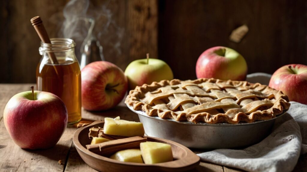 A beautifully baked healthy apple pie with a golden-brown gluten-free crust, filled with tender, spiced apples and alternative sweeteners, perfect for a guilt-free indulgence.