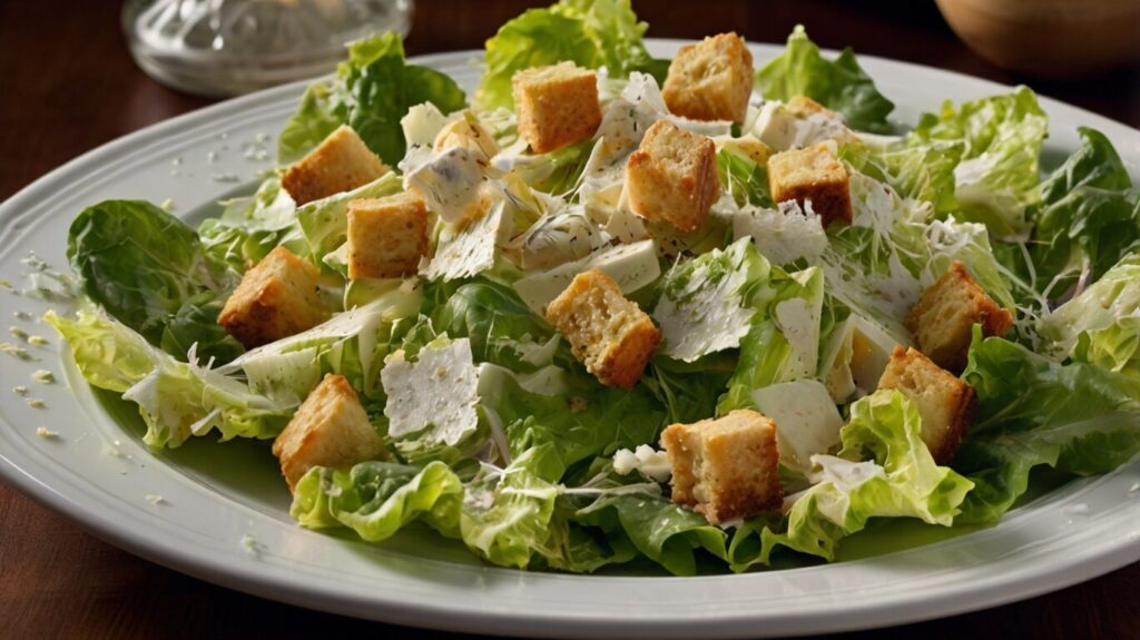 A fresh Caesar Salad featuring crisp romaine lettuce, crunchy croutons, and savory Parmesan cheese, showcasing the classic ingredients.