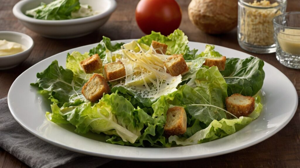 A fresh Caesar Salad featuring crisp romaine lettuce, crunchy croutons, and savory Parmesan cheese, showcasing the classic ingredients.