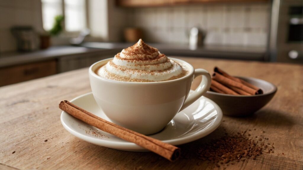 A steaming cup of diet cappuccino coffee made with unsweetened almond milk, topped with a sprinkle of cinnamon. Perfect for weight loss.